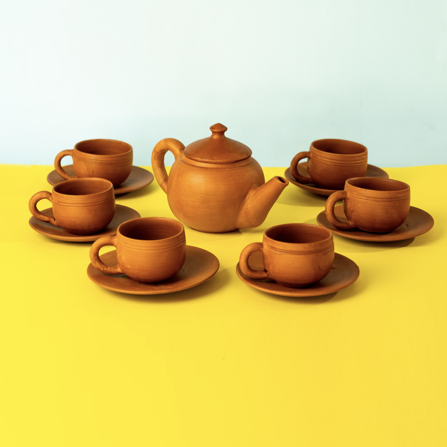 Terracotta Tea Pot with Set of 6 Cups with Saucer